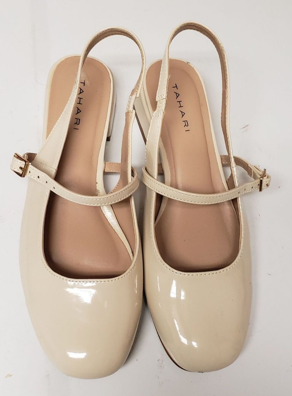 Tahari Women's Mary Jane Ballet Flat Slingback Patent Leather Beige Sz 9M PO Exc